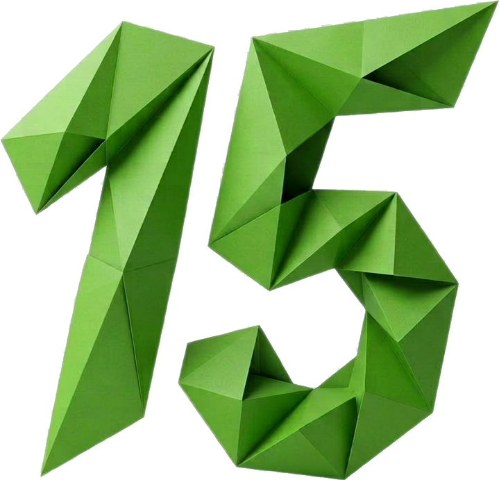 Darstellung der Zahl 15 in grüner Farbe aus Origami-Papier im CorporateDesign der converlytics GmbH